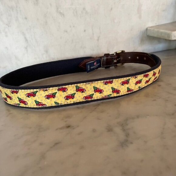 VINEYARD VINES Red Truck Christmas Tree Leather Fabric Canvas Belt 28 - Picture 9 of 16